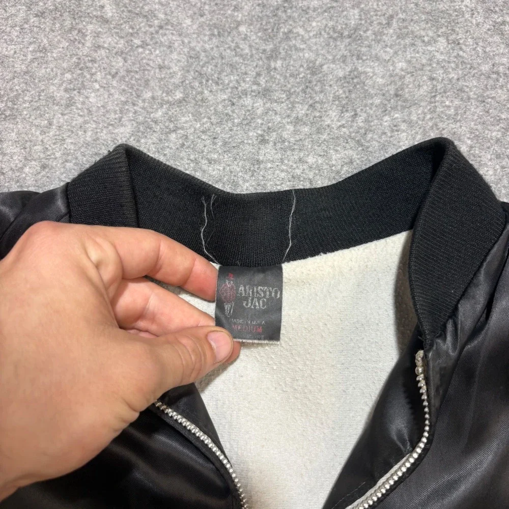 Vintage Aristo Jac Boot Hill Nite Club Satin Bomber Jacket Mens Medium Black USA